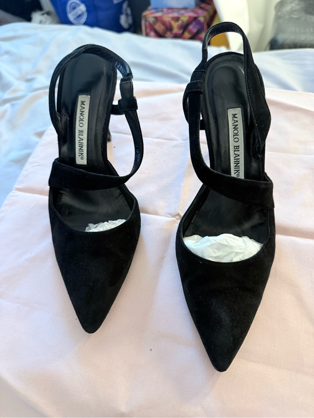 Manolo Blahnik Black Suede Pointed-Toe Strap Heels